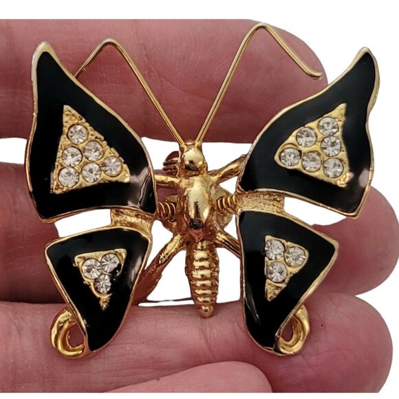 Gold Tone Clear Rhinestone Black Enamel Butterfly Trembler Brooch E652 - Picture 2 of 7